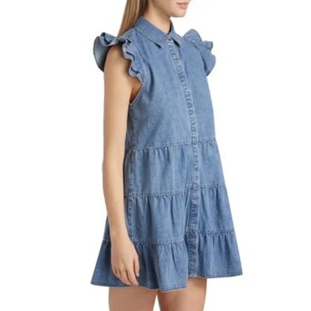 New ALICE + OLIVIA Jem Denim Tiered Mini Shirt Dress in Large - Picture 3 of 13